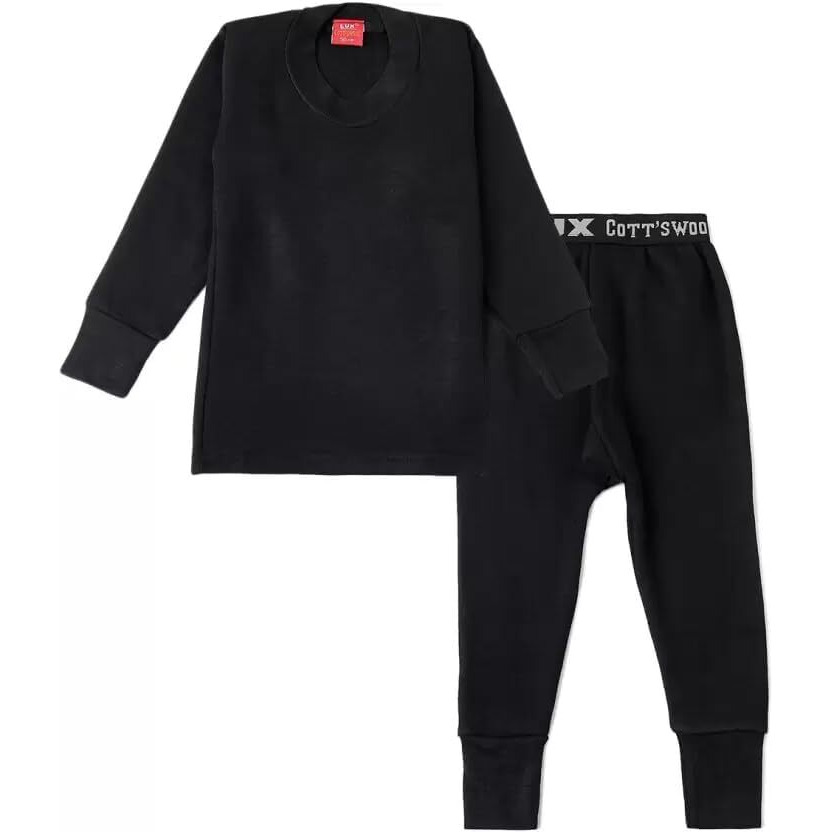 Lux Cott's Wool Kid's R-Neck Cotton Thermal Top And Bottom Set (Black, 65 Cm)