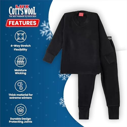 Lux Cott's Wool Kid's R-Neck Cotton Thermal Top And Bottom Set (Black, 65 Cm)