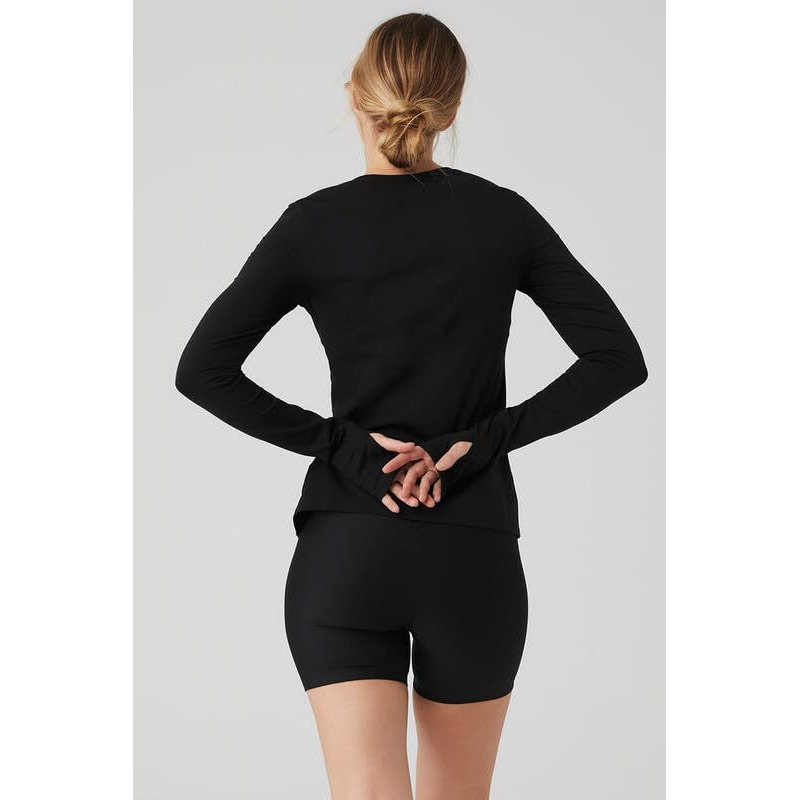 Ap'Pulse Women's Long Sleeve Thumbopen Round Neck Sports Tshirt(Ap-Wn-Rn-Ls-Thumbopen1-406-Black_Carbon Black_L)