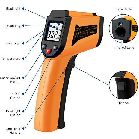 Chengbangda Laser Infrared Thermometer Non-Contact Digital Temperature Gun-50C To 400C(-58F To 752F) Ir Thermometer For Industrial, Kitchen Cooking, Ovens (Orange)