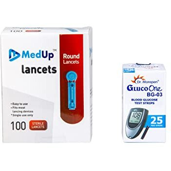 Medup Round 100 Lancets With Dr. Morepen Bg-03 25 Test Strips Combo (No Glucometer)