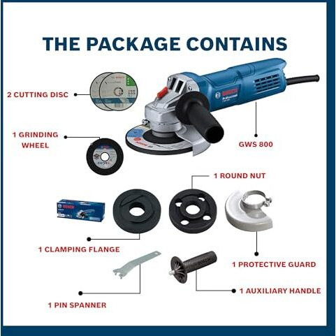 Bosch Professional Gws 800 Angle Grinder | 800W Power | No-Load Speed Of 11000 Rpm | 2 Cutting And 1 Grinding Wheel| M10 Grinding Spindle Thread | 100 Mm Disc | 1 Year Warranty