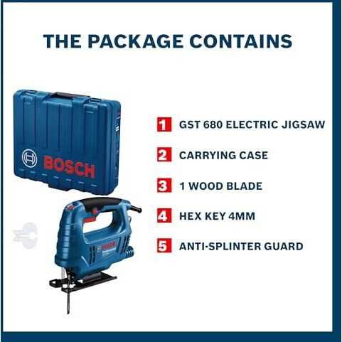 Bosch Gst 680 Corded Electric Jigsaw | 500W Motor | Stroke Rate At No Load- 800-3100 Spm | Cutting Depth 68Mm | Lightweight & Portable | 1 Wood Blade & 1 Allen Key Included| 1 Yr Warranty