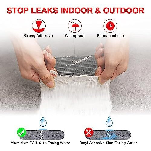 Super Strong Adhesive Waterproof Tape Permanent Repair Roof Water Leakage Solution Rubber Foil Suitable For Roof Leak, Surface Crack, Window Sill Gap, Boat Sealing, Tank Leak (10Cm*5M)