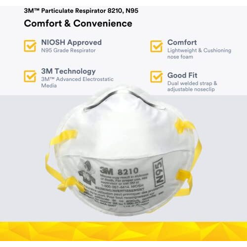 3M 8210 Disposable Respirator N95 Face Mask, Non Woven Fabric, Metal Nose Clip And Elastic Headband, Niosh Approved, Particulate Anti Air Pollution Respirator (Pack Of 20)