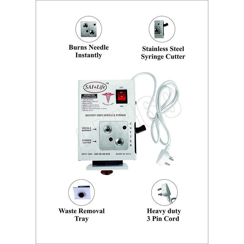 Akh69 Needle Syringe Destroyer Electric, Needle Destroyer Machine For Hospital & Laboratory, Shock Proof Metal Body Mechanism, Low Power Consumption, On/Off Switch, White, Pack Of 1