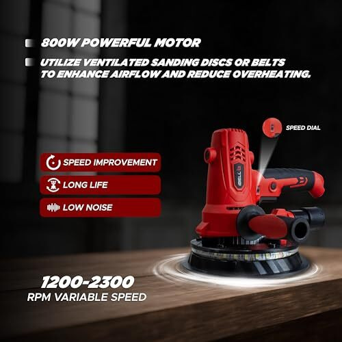 Ibell Dry Wall Sander Ds80-70, 800W, Copper Armature, 1200-2300Rpm, Variable Speed Control, Switch Lock Feature, 8 Hole Vacuum And Led Light