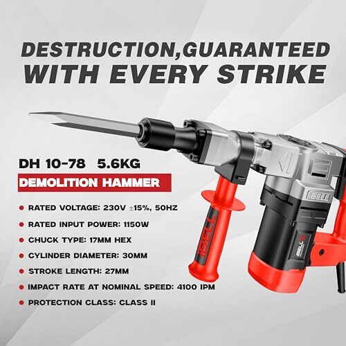 Ibell Demolition Hammer Dh10-78, 6Kg, 1150W, Copper Armature, Impact 4100/Min, Energy 10J, 17Mm Hex Chuck