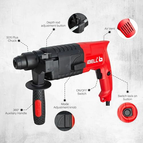 Ibell Rotary Hammer Drill Rh20-23, 500W, Copper Armature, Sds Plus Chuck 20Mm, 850Rpm, Impact Rate 3900/Min, Energy 1.5J (Red)