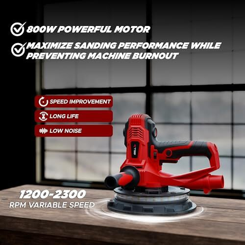 Ibell Dry Wall Sander Ds80-90, 800W, Copper Armature, 1200-2300Rpm, Variable Speed Control, Switch Lock Feature, 8 Hole Vacuum And Led Light