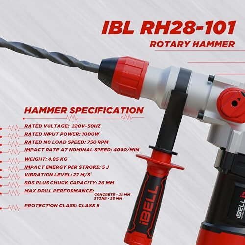 Ibell Rotary Hammer Core Drill Rh28-101, 1000W, Copper Armature,750Rpm, Sds Plus Chuck 26Mm, Impact Energy 5J, Impact Rate 4000/Min