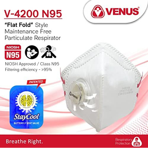 Venus V-4200 N95 Mask, Niosh Certified N95 Anti-Pollution Mask With Vent Valve, Pack Of 5, Unisex White Color, Dust Mask, Protection Against Bacterial Agents