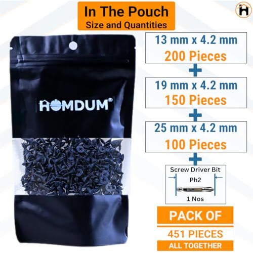 Homdum Assorted Black Dry Wall Screws 3 Sizes (13 Mm To 25 Mm) + Ph Bit 1 Nos, (Pack Of 451 Pieces)