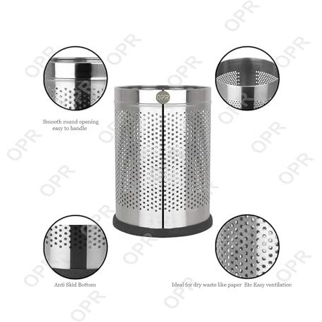 Opr 18 Ltr Stainless Steel Open Perforated Dustbin Without Lid| Waste Bin For Home, Bedroom, Washrooms, Office, Kitchen, Bathroom| Perforated Dustbin- Silver| (10X14-18 Ltr)