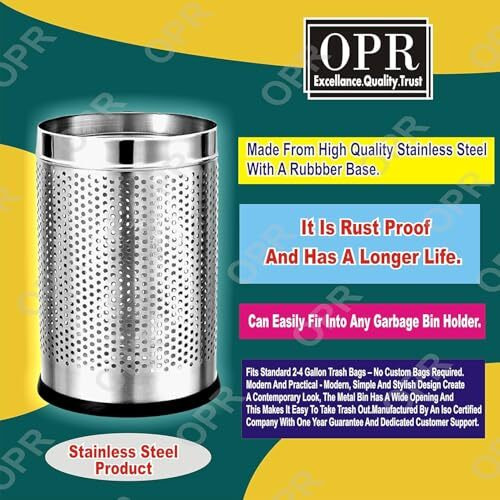 Opr 18 Ltr Stainless Steel Open Perforated Dustbin Without Lid| Waste Bin For Home, Bedroom, Washrooms, Office, Kitchen, Bathroom| Perforated Dustbin- Silver| (10X14-18 Ltr)