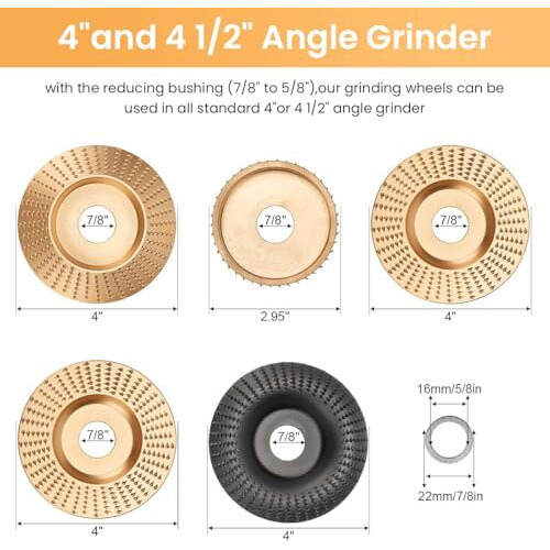 Serplex 5Pcs Angle Grinder Wood Carving Disc Set, 4 And 4 1/2 Angle Grinder Attachments With 5/8 Inch Arbor, Stump Grinder Tool Grinding Wheel Shaping Disc For Wood Cutting, Grinder Cutting Wheel