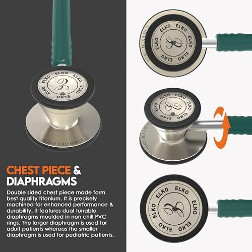 Elko El-250 Dexa Iii Ti Titanium Dual Head Acoustic Stethoscope | Adult & Pediatric Stethoscope With Double-Sided Natural Titanium Chestpiece | Two-Way Pvc Tubing | Doctors & Medical Students (Green)