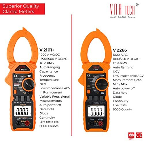Var Tech Digital Clamp Meter V 2266 True Rms, 1000 A Ac Auto Ranging, 6000 Counts, High Precision With Ncv, Live Test And Low Impedance Measurement And Overload Protection
