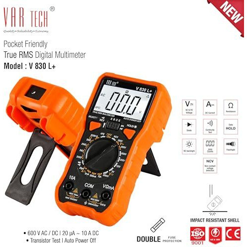 Var Tech Digital Multimeter True Rms V 830 L+ 600 V Ac Dc 10 A Dc Resistance Continuity Tests With Ncv And Overload Protection