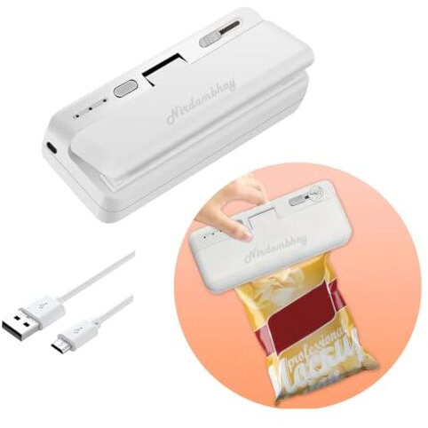 Gitgrnth Rechargable Mini Bag Sealer For Thik Plastic Bags Portable Heat Vaccum Sealer 2 In 1 Magnetic Heat Sealing & Cutting For Cookie Bag,Cereal Bag,Mylar Bag,Pet Food Bag (White Usb Rechargable)