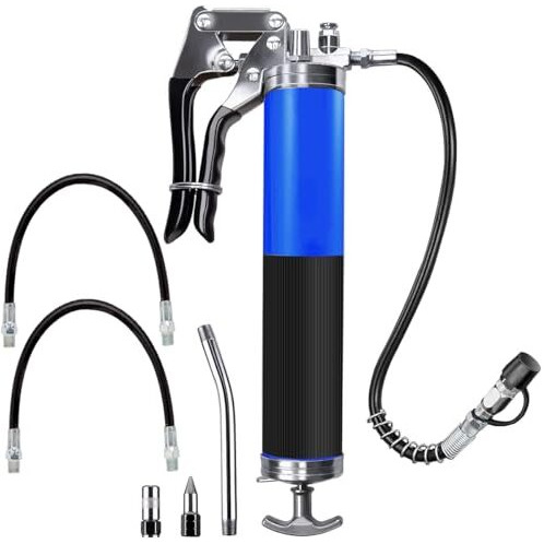 Grease Gun, Heavy Duty Pistol Grip Grease Gun With 4 Flexible Hoses, High Performance Grease Gun Air Grease Gun Nozzle Mini Gun Grease Air Gun With Reinforced Flex Hose Spring Guard Working Coupler