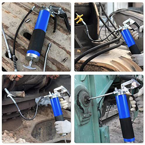 Grease Gun, Heavy Duty Pistol Grip Grease Gun With 4 Flexible Hoses, High Performance Grease Gun Air Grease Gun Nozzle Mini Gun Grease Air Gun With Reinforced Flex Hose Spring Guard Working Coupler