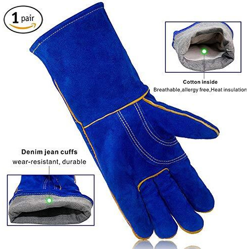 Jupiter Industries Animal Handling Gloves Gauntlet Leather Kevlar For Cats, Dogs, Reptile, Birds, Snakes (Blue 16 Inches, New)