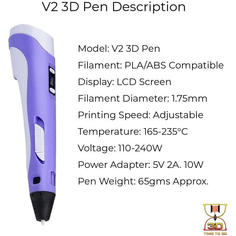 Time To 3D 2Nd Generation 3D Pen With Charger, Stand & Lcd Display | 3D Pen For Kids & Adults + 6 Colors Of 5 Mtrs Each Filament Pack | Free 3 Colors Of 3M Each Filament - Purple (3D Pen + Filament)