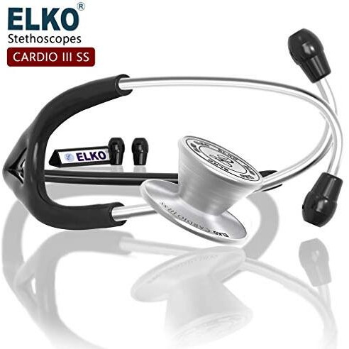Elko El-060 Cardio Iii Ss Stainless Steel Acoustic Stethoscope | Two-Way Pvc Tubing | Double Sided Chestpiece For Adult & Pediatric Patient | Doctors & Medical Students (Black)