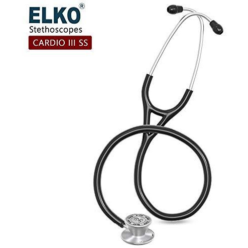 Elko El-060 Cardio Iii Ss Stainless Steel Acoustic Stethoscope | Two-Way Pvc Tubing | Double Sided Chestpiece For Adult & Pediatric Patient | Doctors & Medical Students (Black)