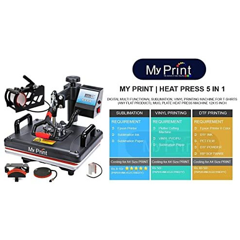 My Print | Heat Press 5 In 1 Digital Multi Functional Sublimation, Vinyl Printing Machine For T-Shirts (Any Flat Product), Mug, Machine 12X15 Inch | Dtf Priinting | (5In1 Combo Black)