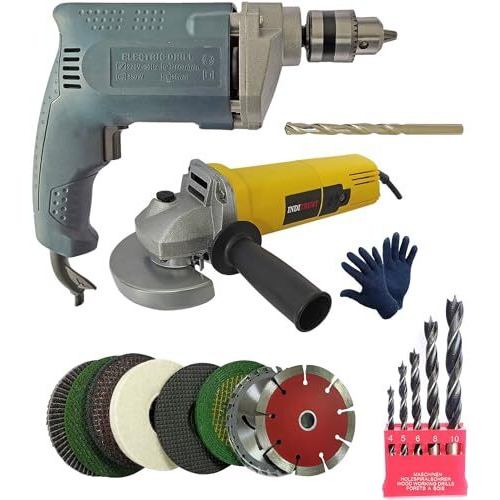 Inditrust 100% Copper Winding 6 Month Warranty 10Mm Electric Drill Machine & Electric Angle Grinder Machine 100Mm 8Pcs Wheel Combo 5Pc Wood 1Pc Masonry & Gloves (Pack Of 13)