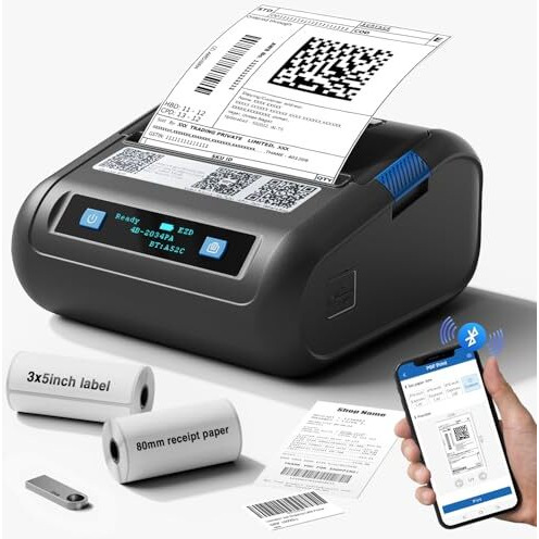 Hirobot 2025 Newest 3Inch Bluetooth Thermal Label Printer+Receipt Printer(2In1), 80Mm Receipt & 3Inch Label Printer, Wireless Print Various Label(Adjustable Size), Support Android/Iphone/Windows/Mac