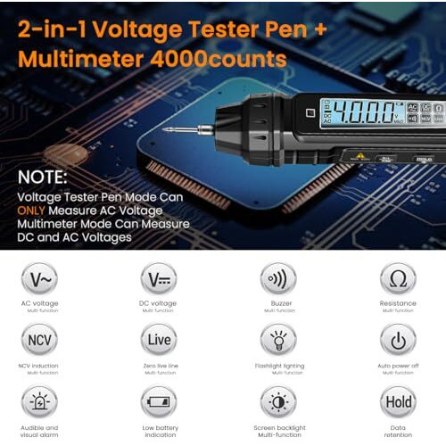 Serplex Digital Multimeter Non Contact Voltage Tester Meter Digital 4000 Count Ac/Dc Voltage Tester, Current Meter, Non-Contact Voltmeter Sensor, Live Wire Detection, Resistance(Battery Not Included)