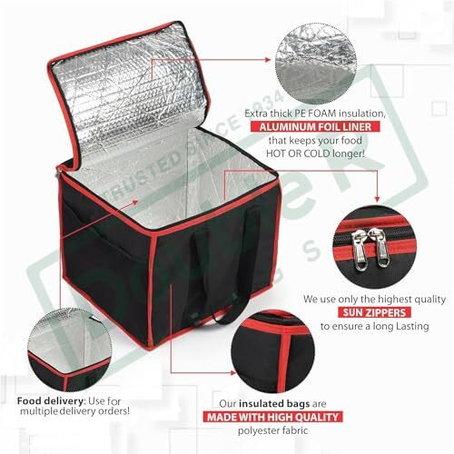 Double R Bags Polycarbonate Insulated Grocery Food Delivery Thermal Bag The Hot Box Hot And Cold Food Transport Bag For Uber Eats Swiggy Groceries Restaurants - Large Sized (Pack Of 1, Black)