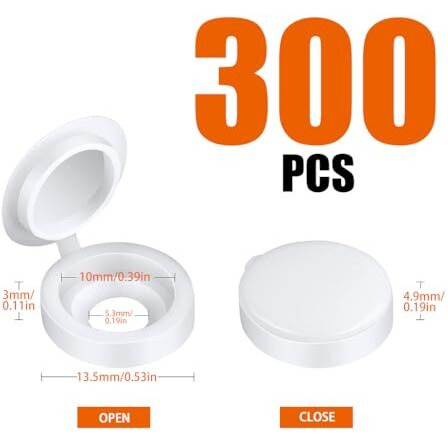 Serplex 300Pcs Plastic Hinged Screw Cap Covers, Flip Tops For Protecting Screw Heads, For Home & Industrial Use (White)