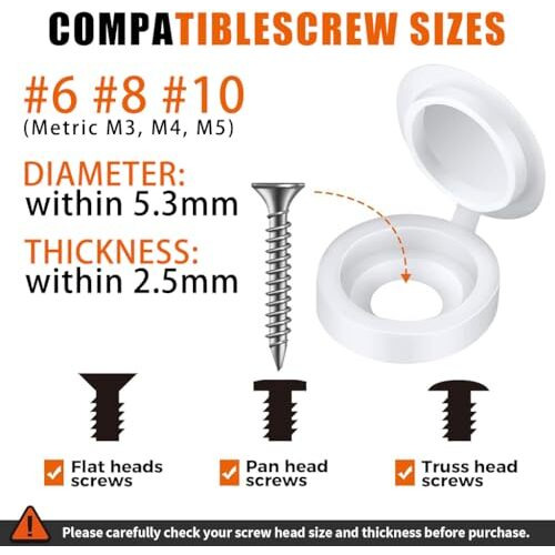 Serplex 300Pcs Plastic Hinged Screw Cap Covers, Flip Tops For Protecting Screw Heads, For Home & Industrial Use (White)