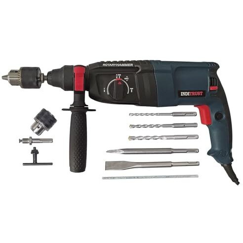 Inditrust 1250W 26Mm 2-26 Re Reversible Rotary Hammer Drill Machine Sds Plus With 3 Modes 3 Hammers Bits 2 Chisels With 6 Months Warranty And Copper Winding (Blue) 100% Copper Winding