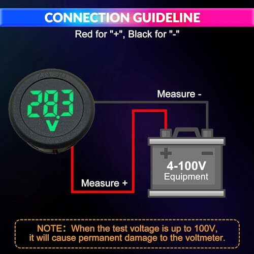 Amicisense Dc 5~100V Voltmeter, 3-Digit Led Digital Display Voltage Detector For Bike Battery Voltage Monitoring, Black