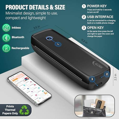 Seznik Portable A4 Printer, Bluetooth, Inkless For Professionals,Travel | Mini Printer | Usb, Bluetooth Printer Compatible With Android Ios Laptop | 1 Year Warranty (Pro-Hd304Dpi-Black)