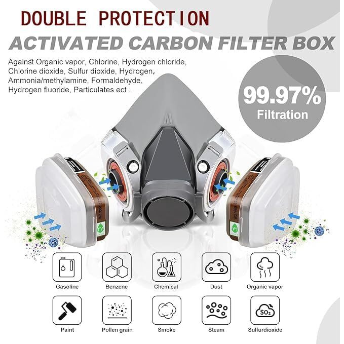 Maxadil Gas Masks With 10 Replacement Filter Sheets And Goggle | Activated Carbon Mask Paint Respirator For Epoxy Resin, Wall Painting, Welding, Polishing, Spraying, Construction