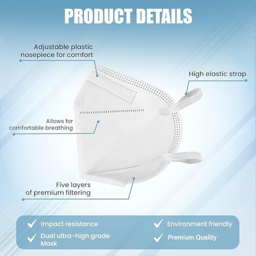 Yugan Non Woven Fabric Premium Ffp2 N95 Mask With Adjustable Nose Clip For Men & Women, Reusable Mask, Anti Pollution Mask, Ce Approved, Advanced Filtration, White Colour (Pack Of 10)