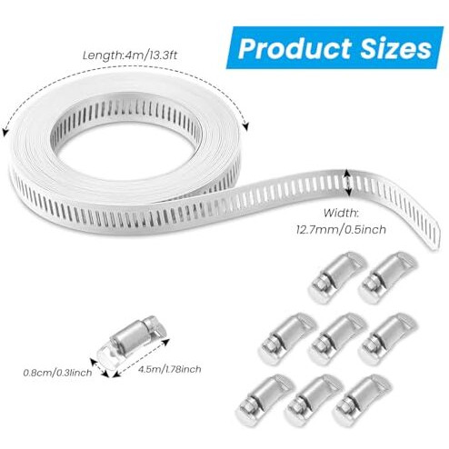 Serplex 13.3Ft Hose Clamp Roll Diy Hose Clamp Roll 304 Stainless Steel Hose Clamp With 8 Fastening Bolts Attachment Cuttable Hose Clamp Hose Clamp Band For Plumbing, Pipe Repairing, Diy