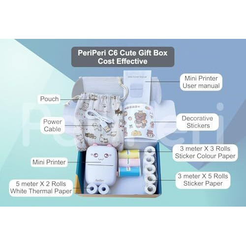 Periperi C6. Gift Box Combo Mini Thermal Printer (1Year Warranty) Inkless Bluetooth Pocket Printer With Pouch, 8 Paper & Sticker Rolls. Compatible With Ios, Android (Blue)