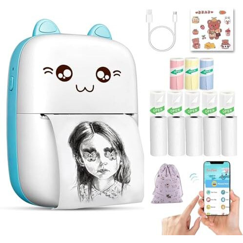 Morovik Mini Bluetooth Thermal Printer, Portable Label Printer Inkfree Printer For Android & Ios System, Black On White Thermal Printer With Roll Of Print Paper, Stickers, (Style 1)