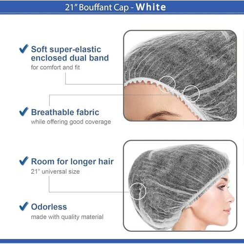 Jasmine & Glory 300 Pcs White Premium Disposable Bouffant Caps With Elastic Band - Hygienic Hair Protection For Salons, Spas, Use - Universal Fit - Bulk Pack Of High-Quality Head Covers