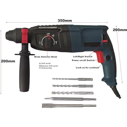 Inditrust Dumdaar 1Pc Dm 1250W Rotary Hammer Drill Machine With 3Pc Hammer Drill Bit And 2Pc Chisel Set 100% Copper Winding Without Box
