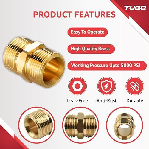Tuqo High Pressure Washer Hose Connector | M22-15Mm Male To M22-15Mm Male | Solid Brass, 5000 Psi Pressure Washer Hose Extension Adapter Fitting | 1 Pcs | Rb438