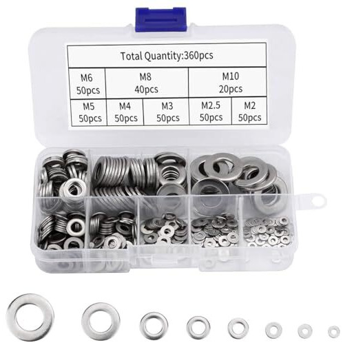 Serplex 360Pcs 304 Stainless Steel Flat Washers For Screws Bolts, Fender Washers Assortment Set, Assorted Hardware Lock Metal Washers Kit 9 Sizes-M2 M2.5 M3 M4 M5 M6 M8 M10 For Home, Factories Repair