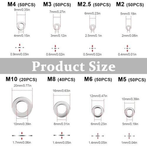 Serplex 360Pcs 304 Stainless Steel Flat Washers For Screws Bolts, Fender Washers Assortment Set, Assorted Hardware Lock Metal Washers Kit 9 Sizes-M2 M2.5 M3 M4 M5 M6 M8 M10 For Home, Factories Repair